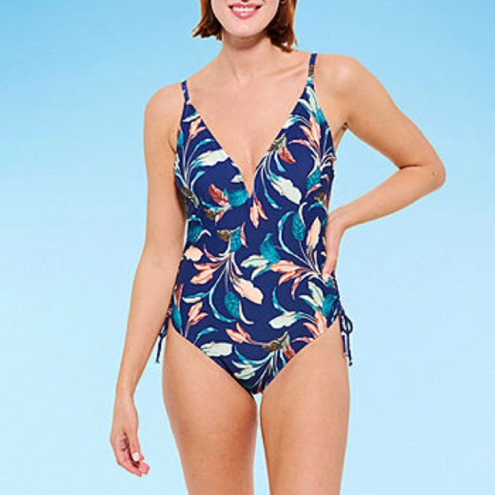 Mynah Womens My Lush Leaves V-Neck One Piece Swimsuit NWT XL